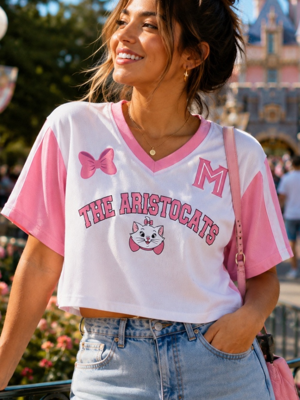 Disney Aristocats Marie Pink Varsity Jersey Crop Top Shirt Size L EUC
